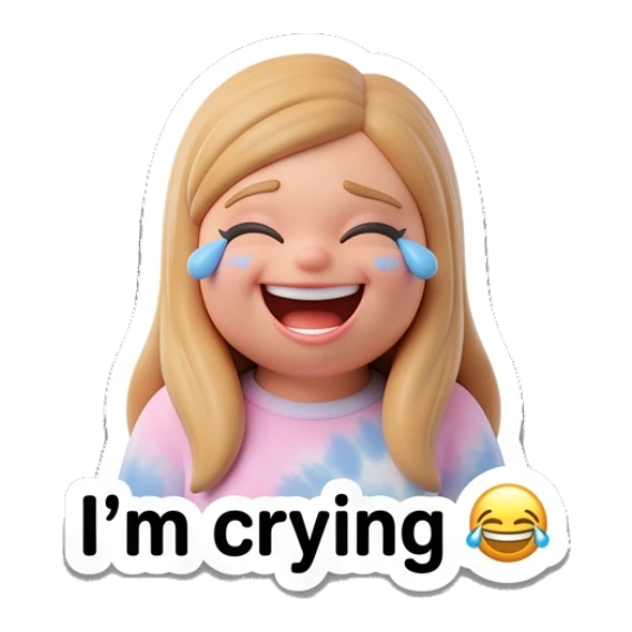 Blonde girl laughing with tears of joy, text I'm crying Blonde Girl Daily Vibes sticker for expressive chats and social replies.
