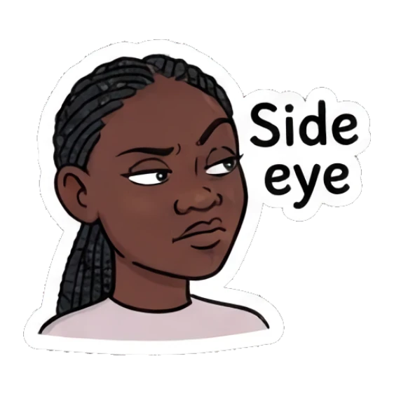Woman giving side eye with text Side eye Modern Couple Daily Vibes sticker for expressive chats and social replies.