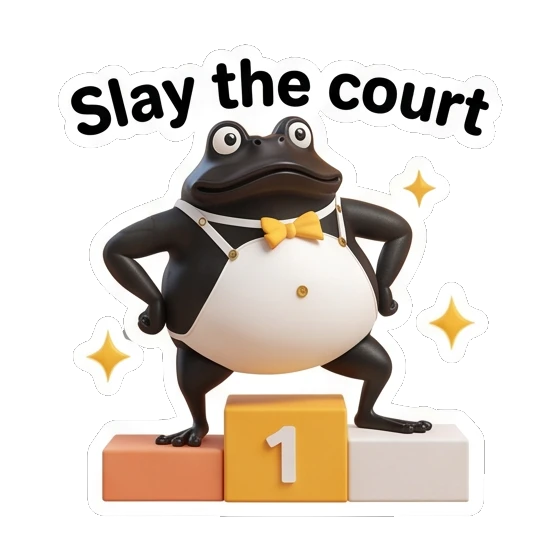 Frog standing on a winner's podium, text Slay the court Fancy Frog Sports Club sticker for expressive chats and social replies.