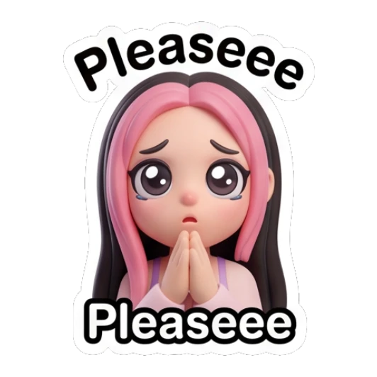 Girl begging with hands together and text Pleaseee Pink-Haired Trendy Girl sticker for expressive chats and social replies.