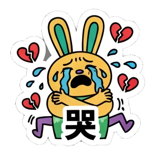Crying rabbit with broken hearts floating around, sad expression. Keith Haring Style Bunny sticker for expressive chats and social replies.