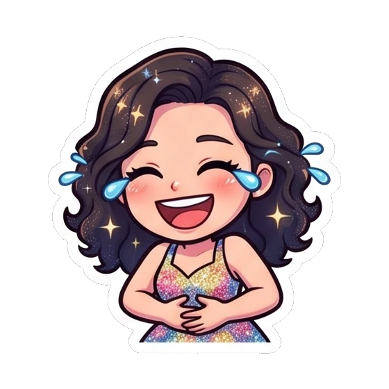 Girl laughing with tears of joy Sparkly Curly Girl Daily sticker for expressive chats and social replies.