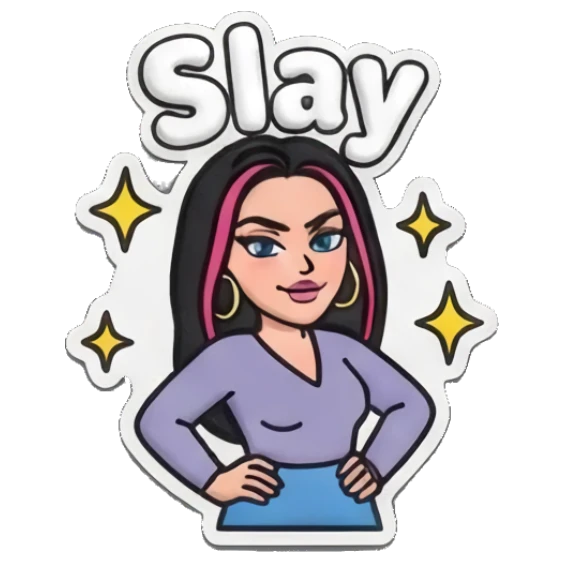 Confident girl with hands on hips posing as slay Puff Print Girl Vibes sticker for expressive chats and social replies.