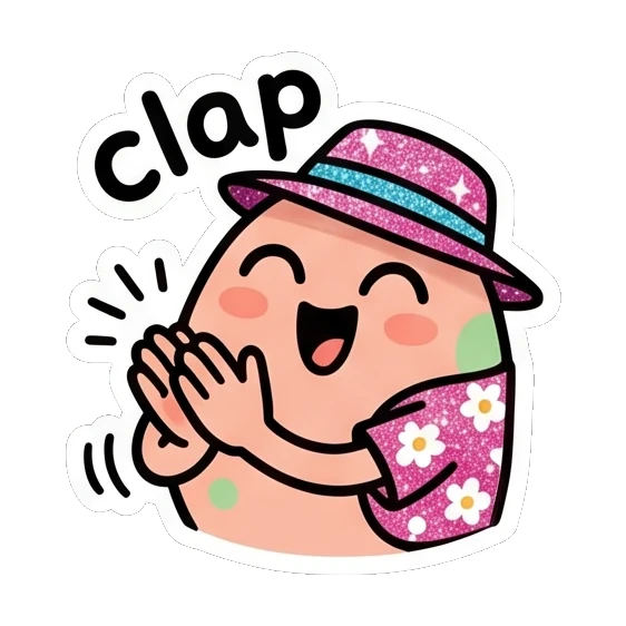 Pink egg in floral hat clapping hands Pink Egg Buddy Daily sticker for expressive chats and social replies.