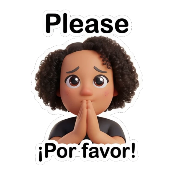 Curly hair girl pleading with hands together and text Please Curly Hair Girl Daily Vibes sticker for expressive chats and social replies.