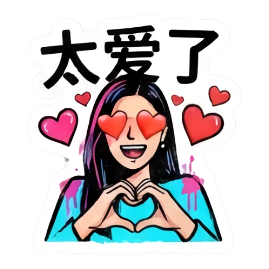 Loving girl forming a heart shape with hands, eyes as hearts. Vibrant Urban Girl Expressions sticker for expressive chats and social replies.