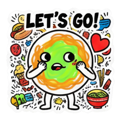 Circular food character cheering with 'LET'S GO!' text Doodle Foodie Vibes sticker for expressive chats and social replies.