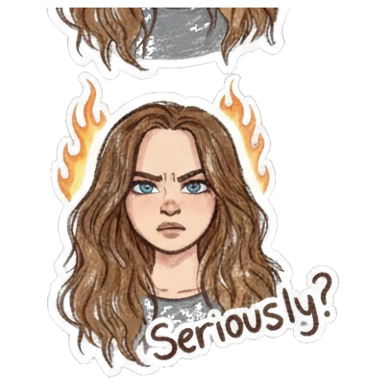 Curly-haired girl looking angry with flames behind her. Curly Haired Girl Moods sticker for expressive chats and social replies.