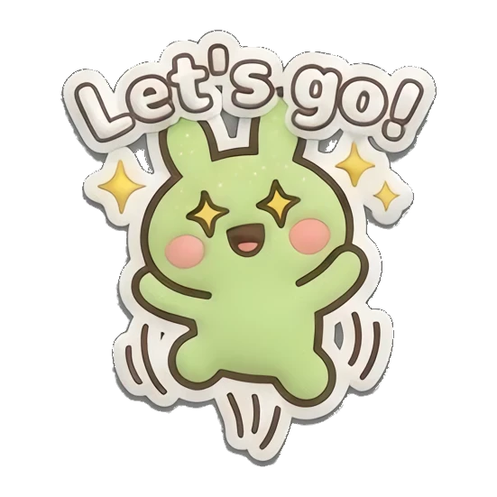 Excited green bunny jumping with sparkles and 'Let's go!' text. Puffy Green Bunny Adventures sticker for expressive chats and social replies.