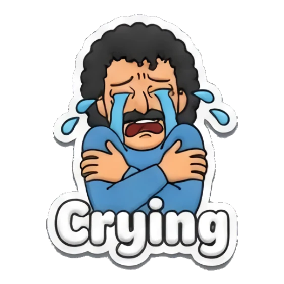 Man crying loudly while hugging himself with text Crying Curly Hair Guy Adventures sticker for expressive chats and social replies.