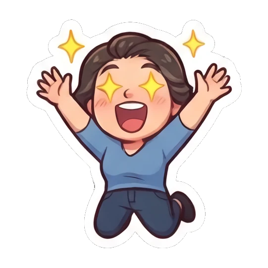 Young woman jumping with excitement and star-shaped eyes Cheerful Brunette Daily Life sticker for expressive chats and social replies.