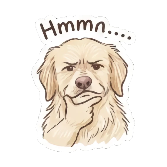 Thinking golden retriever with paw on chin, text Hmmm Golden Doodle Daily Vibes sticker for expressive chats and social replies.