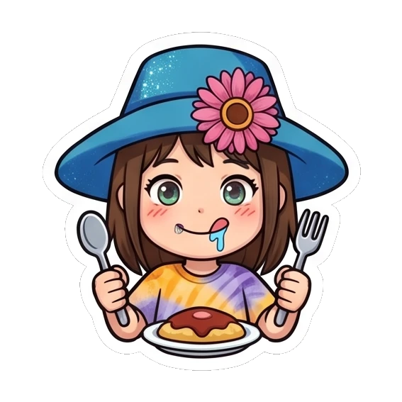 Girl in blue hat eating with spoon and fork Summer Hat Girl Adventures sticker for expressive chats and social replies.