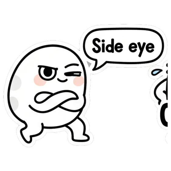 Skeptical egg character with arms crossed and side eye glance. Doodle Egg Expressions sticker for expressive chats and social replies.