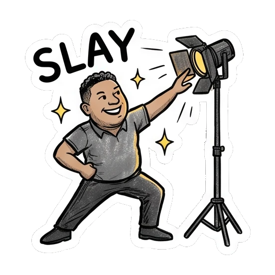 Photographer posing dramatically with a studio light Studio Life Guy sticker for expressive chats and social replies.