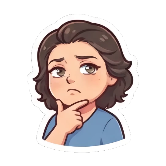 Young woman resting chin on hand while thinking Cheerful Brunette Daily Life sticker for expressive chats and social replies.