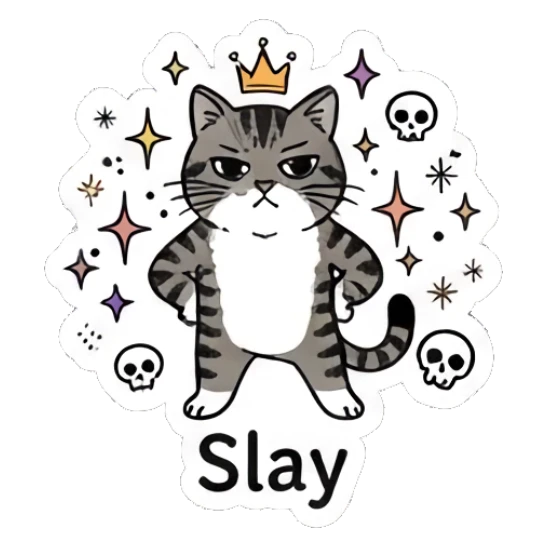 Confident tabby cat wearing a crown, text Slay Spooky Tabby Cat Adventures sticker for expressive chats and social replies.