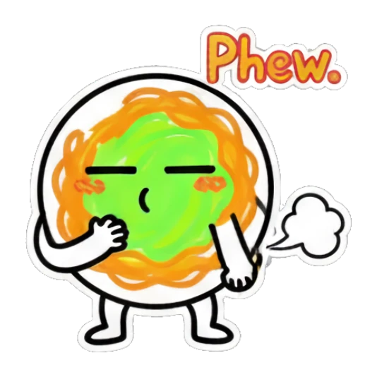 Spaghetti character exhaling with relief and 'Phew.' text. Spaghetti Doodle Pals sticker for expressive chats and social replies.